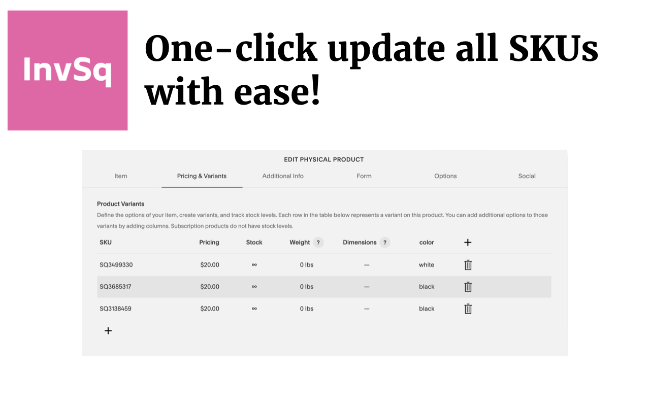 One click, and the extension will automatically update your inventory on Squarespace